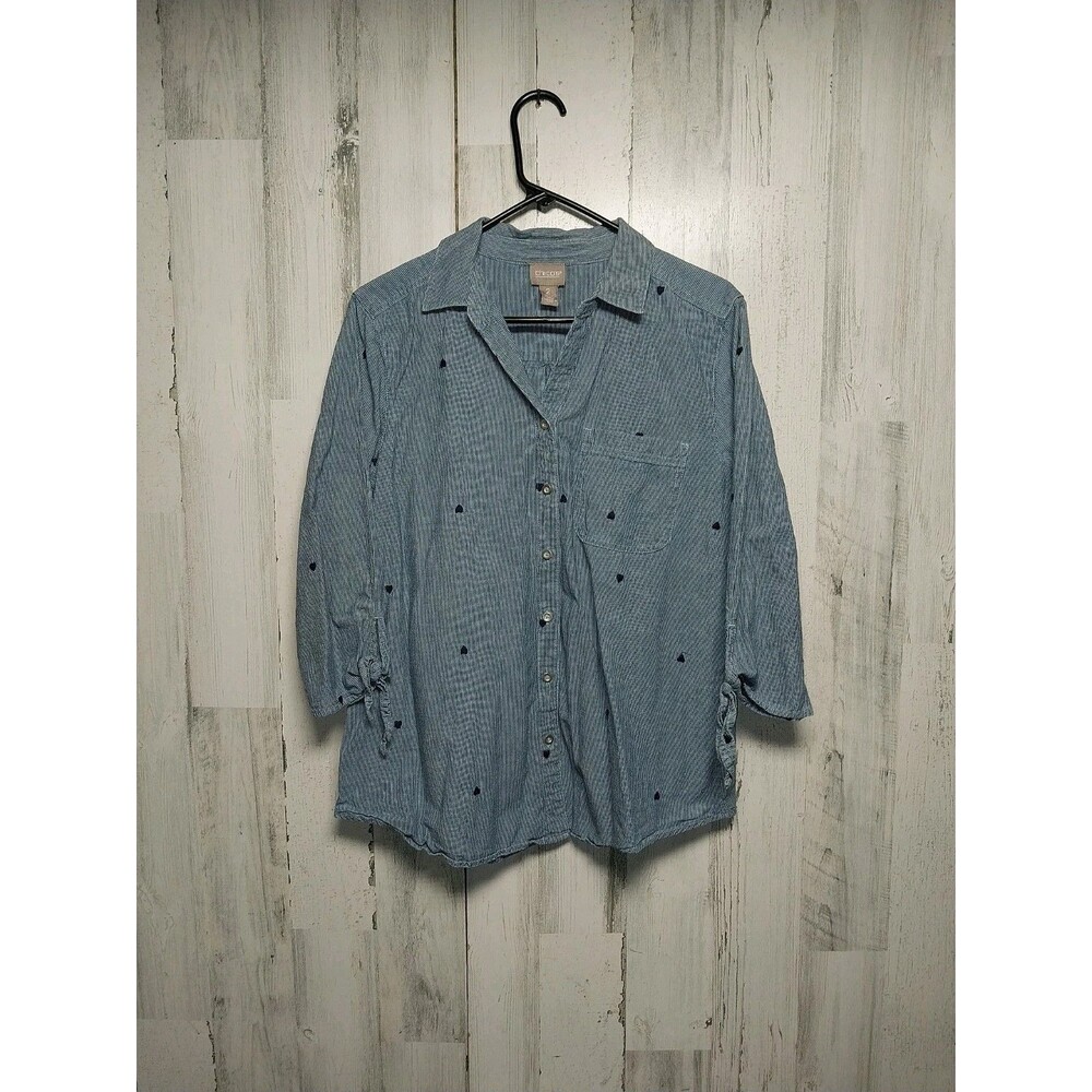 Chico's Womens Size 2 Blue Button Up Shirt With Embroidered Hearts